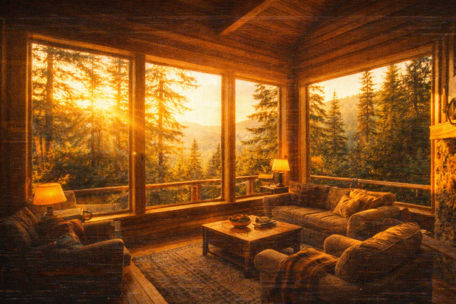 AI image prompt (640x360): A cozy wooden cabin interior with massive picture windows looking out over a dense evergreen forest, golden late-afternoon sunlight beams, rustic furniture, warm amber tones, subtle VHS noise overlay, 1997 travel brochure vibe, slight lens distortion.