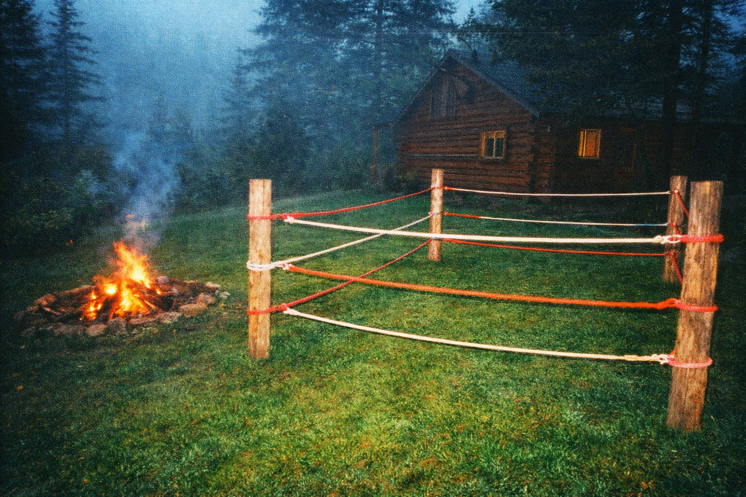 AI image prompt (640x360): A grassy backyard training area behind a secluded cabin, improvised wrestling ring markers with ropes tied to wooden posts, a small bonfire pit nearby, early morning mist, punchy colors, cheap point-and-shoot camera flash look, late 90s snapshot.