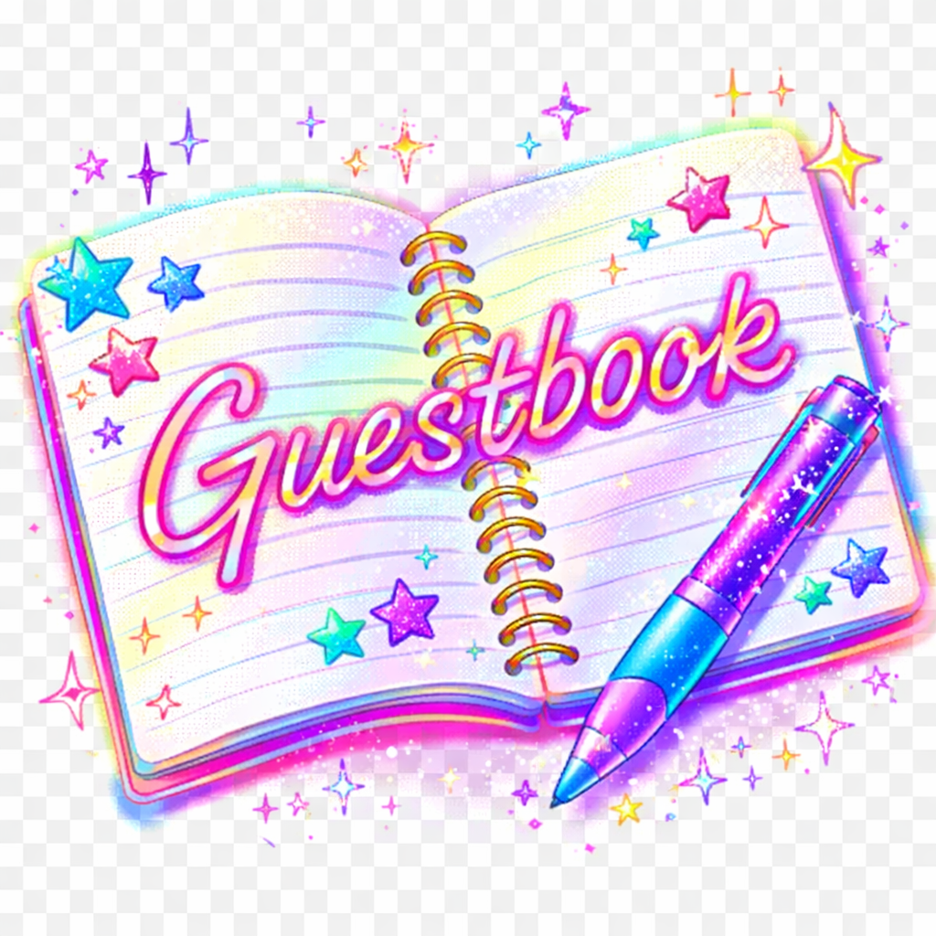 AI image prompt (360x360): A kitschy late-90s 'guestbook' graphic: an open spiral notebook with glittery star stickers, a chunky gel pen, pixel-art sparkles, neon color palette, transparent background look, 1999 web clipart aesthetic.