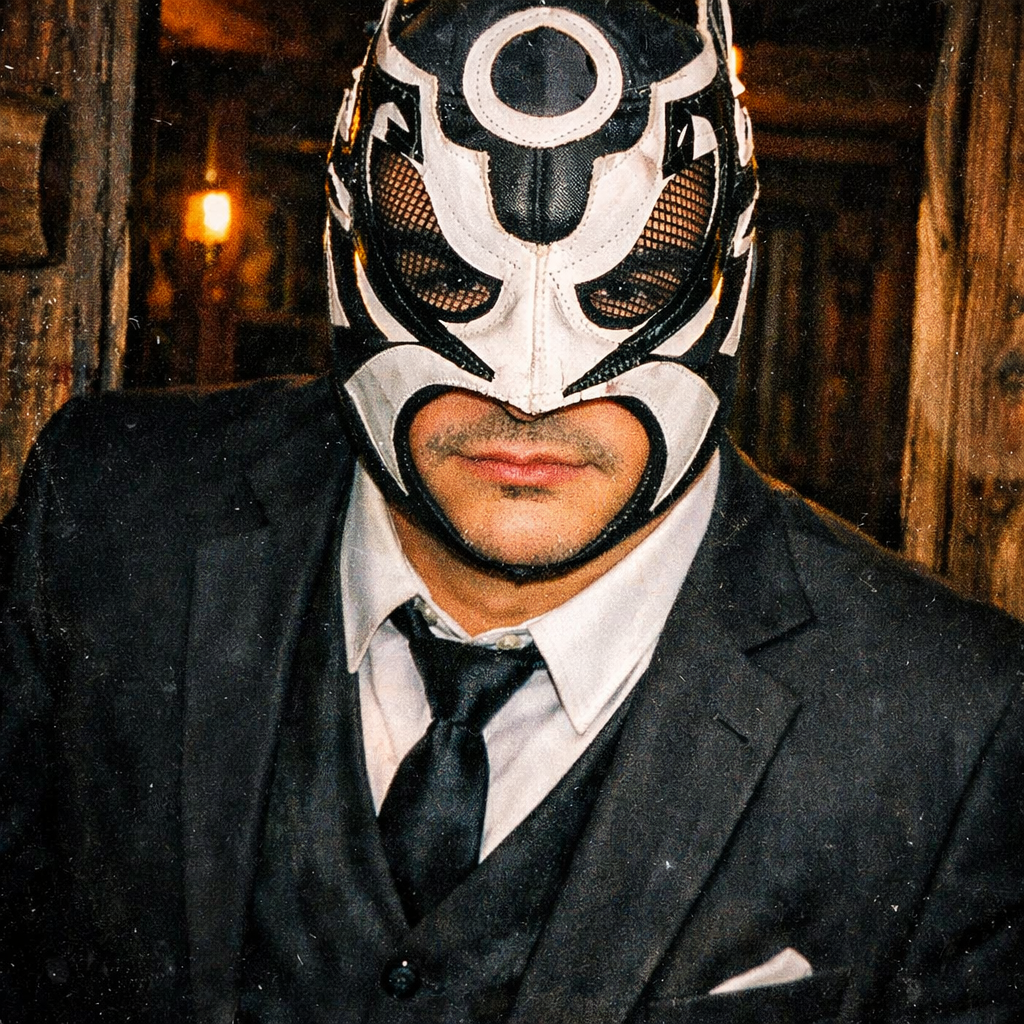 AI image prompt (420x420): A dramatic late-90s flash-photo portrait of a Mexican luchador wearing a black-and-white mask with bold shapes and mesh eye panels, dressed in a business suit and tie, standing in a warmly lit rustic cabin doorway, slight motion blur, heavy on-camera flash, gritty film grain, saturated colors, 1998 disposable camera aesthetic.